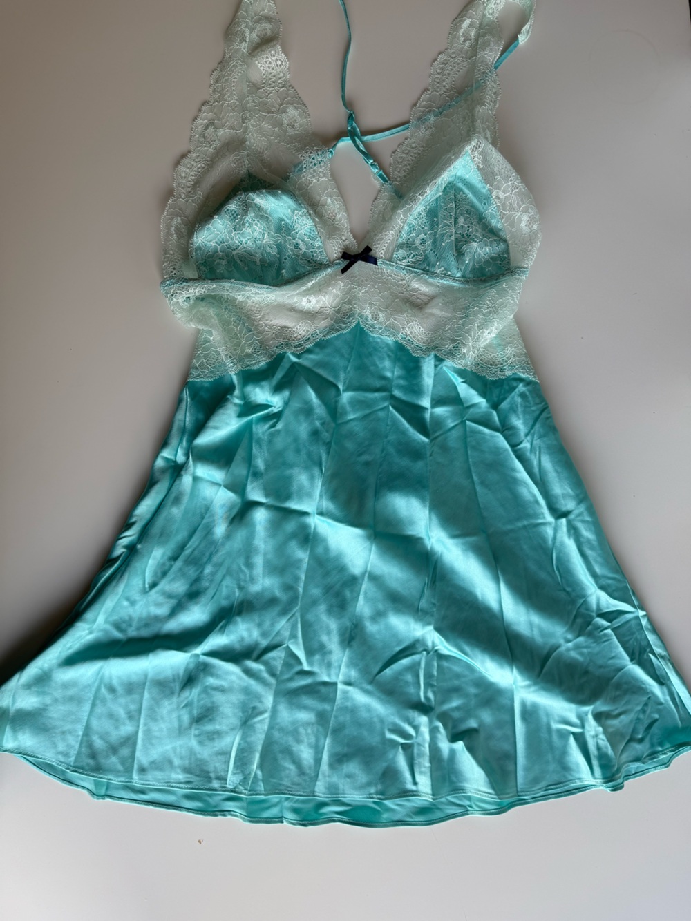 Victoria’s Secret Turquoise Satin Ivory Lace Slip Dress Large